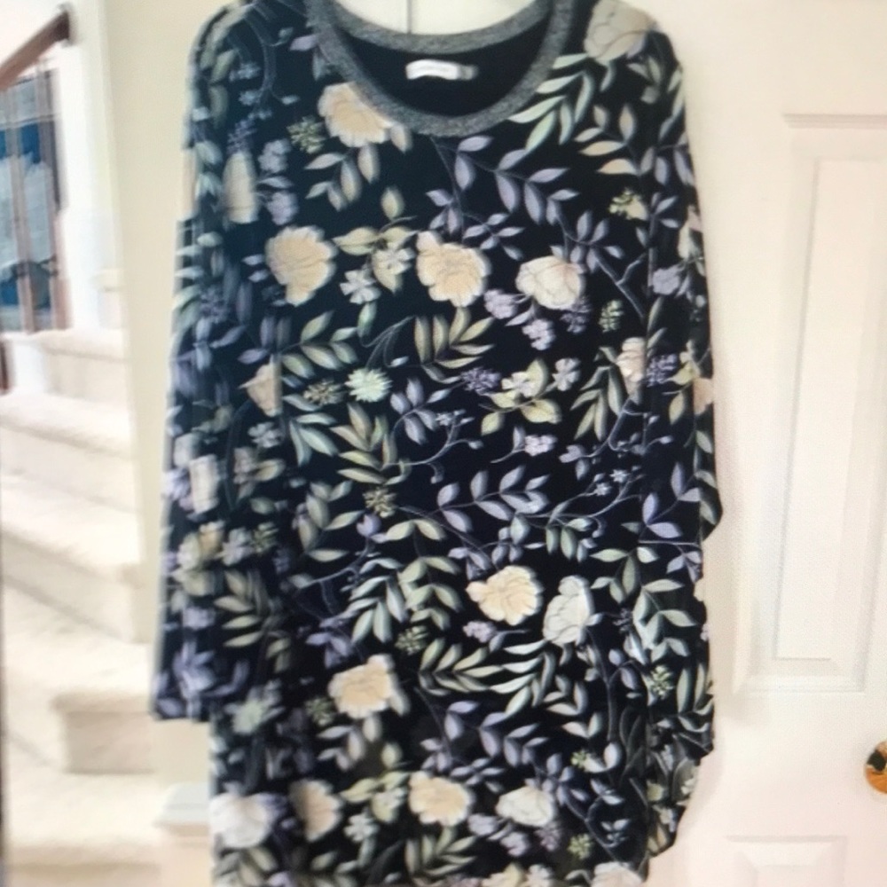 Calvin Klein black pastel floral long sleeve tunic with metallic collar